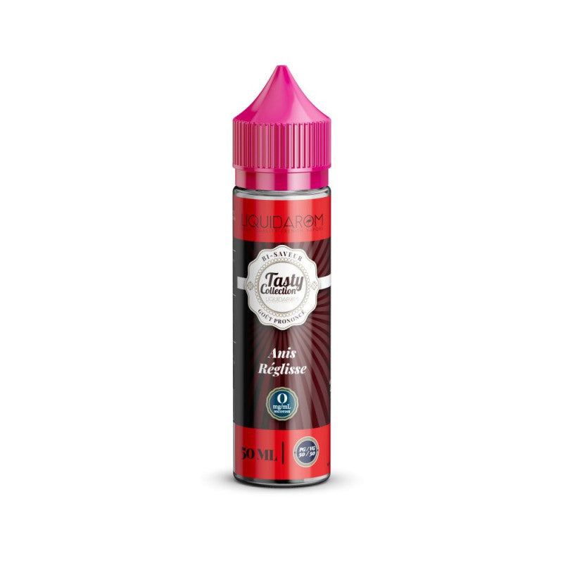 E-liquide Anis Réglisse 50 ml - Tasty Collection - LiquidArom. E-liquide Anis Réglisse avec bouchon rose et étiquette rouge et noire