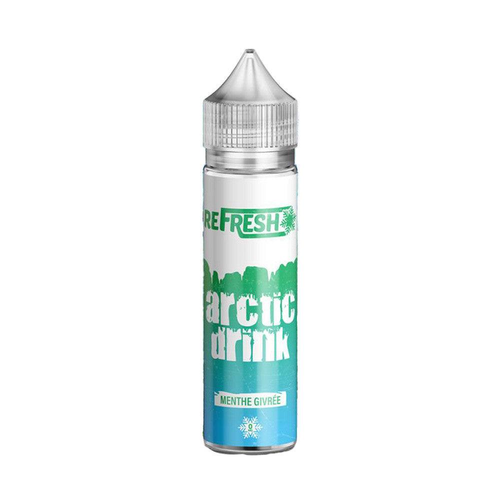 E-liquide Arctic Drink 50 ml - Refresh. E-liquide Arctic Drink avec flacon transparent et étiquette bleue-verte indiquant menthe givrée