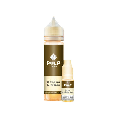 E-liquide Blond Miel Noir 50 ml + Booster 10 ml - Pulp. E-liquide Blond Miel Noir avec flacons plastiques marron et beige