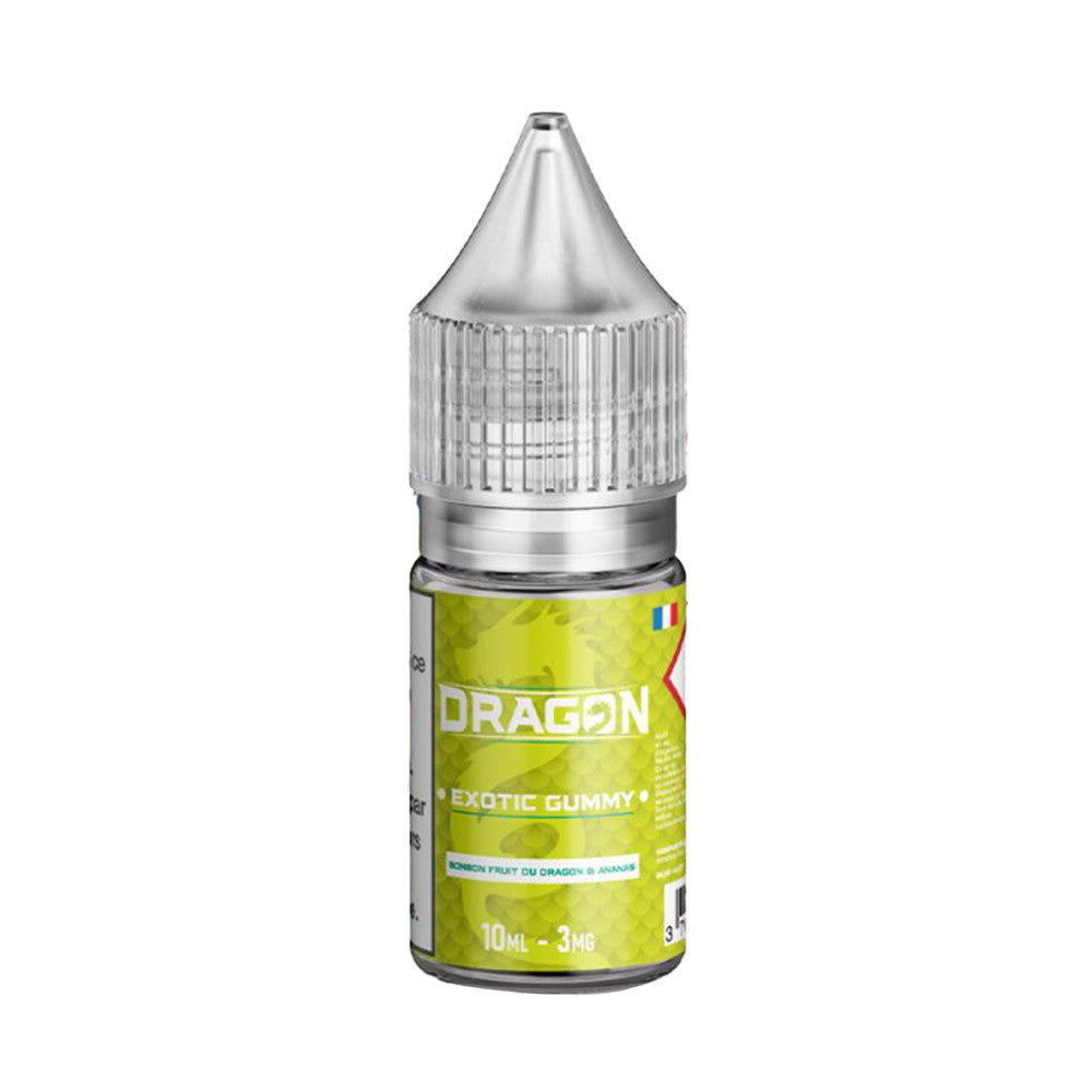 E-liquide Exotic Gummy 10 ml - Dragon. E-liquide Exotic Gummy 10 ml - flacon transparent avec étiquette verte dragon