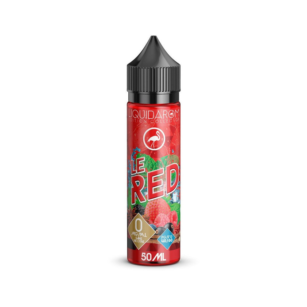 E-liquide Le Red 50 ml - Liquidarom. E-liquide Le Red flacon rouge avec illustrations de fruits rouges