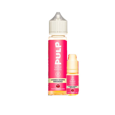 E-liquide Licorne 50 ml + Booster 10 ml - Pulp. E-liquide Licorne 50 ml et booster 10 ml avec flacons transparents et étiquettes roses
