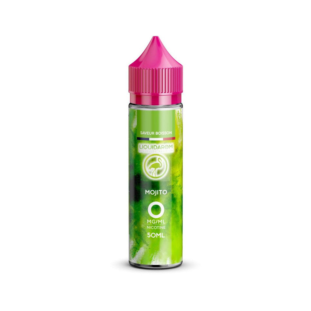 E-liquide Mojito 50 ml - LiquidArom. E-liquide Mojito 50 ml flacon transparent avec bouchon rose et étiquette verte