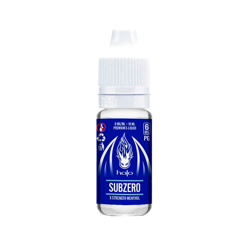E-liquide SUBZERO 10 ml - Halo. E-liquide SUBZERO flacon transparent avec étiquette bleue et texte blanc