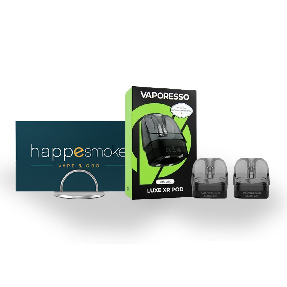 Cartouches Luxe XR DTL - Vaporesso. Cartouches Luxe XR DTL avec boîte noire et verte et deux pods transparents