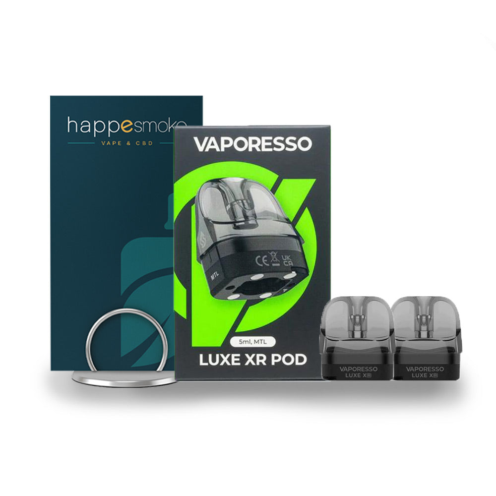 Cartouches Luxe XR MTL - Vaporesso. Cartouches Luxe XR MTL avec packaging noir et vert et deux pods transparents devant