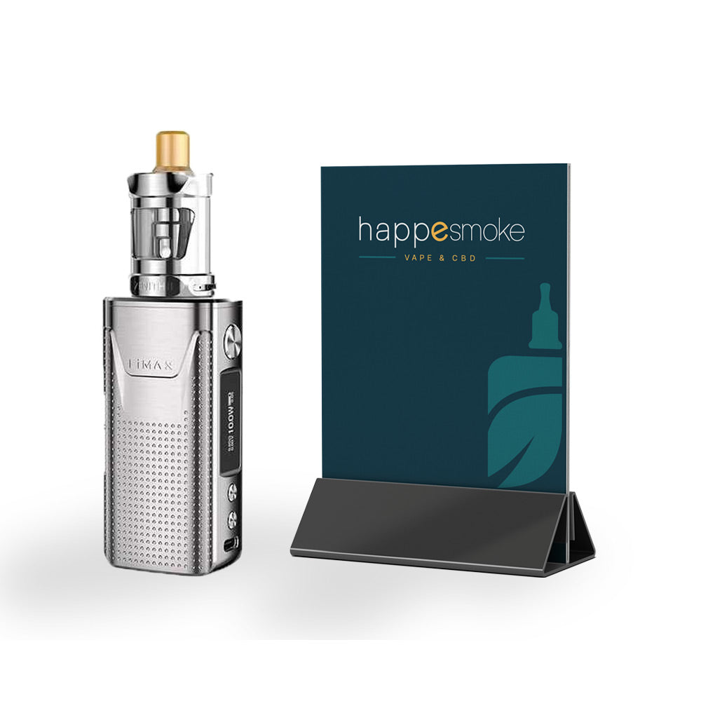 Kit Limax - Innokin. Kit Limax avec corps métallique argenté et écran intégré à côté d'un support de présentation bleu foncé
