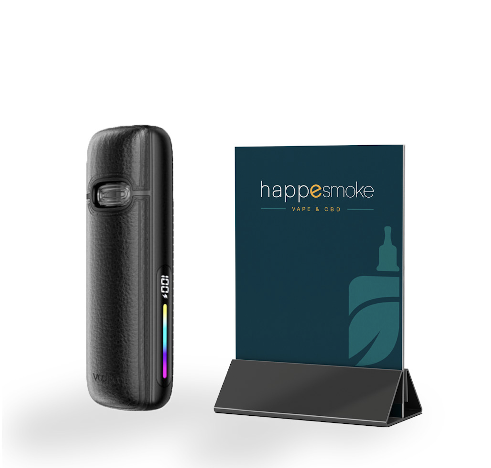 Pod Vmate E2 - Voopoo. Pod Vmate E2 noir texturé avec écran coloré à droite sur fond blanc