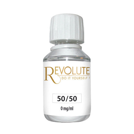 Flacon transparent de base 50 % PG - 50 % VG 115 ml Revolute, illustrant un e-liquide au ratio PG/VG 50/50