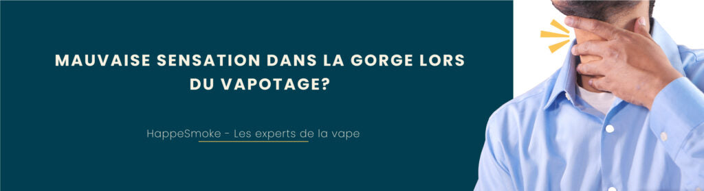 Blog HappeSmoke | Mauvaise sensation en gorge, lors du vapotage? Homme en chemise bleue tenant sa gorge avec une expression de gêne