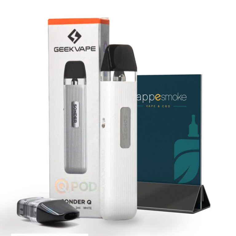 Blog HappeSmoke | Cigarette électronique pour le CBD. Geekvape Q Pod cigarette électronique blanche avec pod détachable et packaging