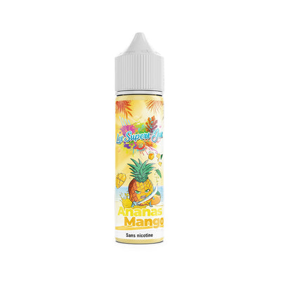 E-liquide Ananas Mango 50 ml - Les Supers Jus. E-liquide Ananas Mango avec flacon blanc et étiquette colorée illustrée d'un ananas animé