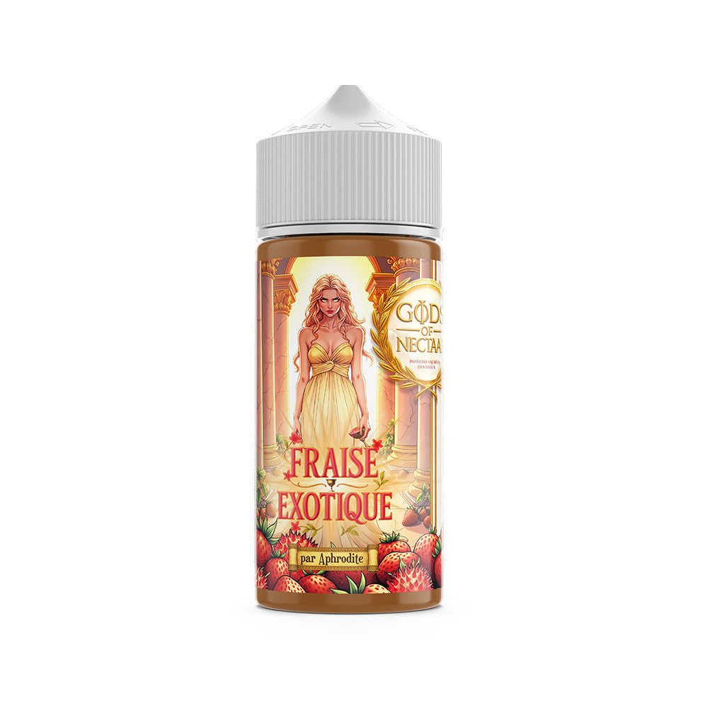 E liquide Aphrodite 100 ml - Gods of Nectaar. E liquide Aphrodite avec illustration d'une femme en robe jaune entourée de fraises rouges