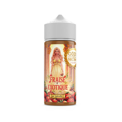 E liquide Aphrodite 100 ml - Gods of Nectaar. E liquide Aphrodite avec illustration d'une femme en robe jaune entourée de fraises rouges