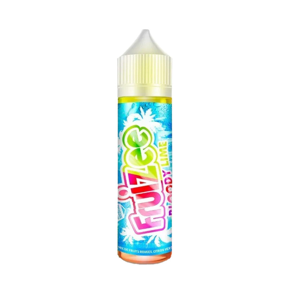 E-liquide Bloody Lime 50 ml - Fruizee. E-liquide Bloody Lime flacon transparent avec étiquette colorée bleue et texte multicolore