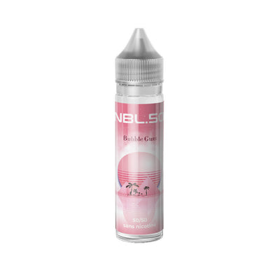 E-liquide Bubble Gum 50 ml - NBL. 50. E-liquide Bubble Gum avec flacon transparent et étiquette rose illustrée de palmiers