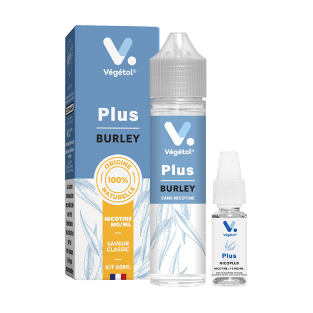 E-liquide Burley 50 ml - Végétol. E-liquide Burley 50 ml avec flacon transparent et étiquette bleue à côté d'une petite fiole blanche