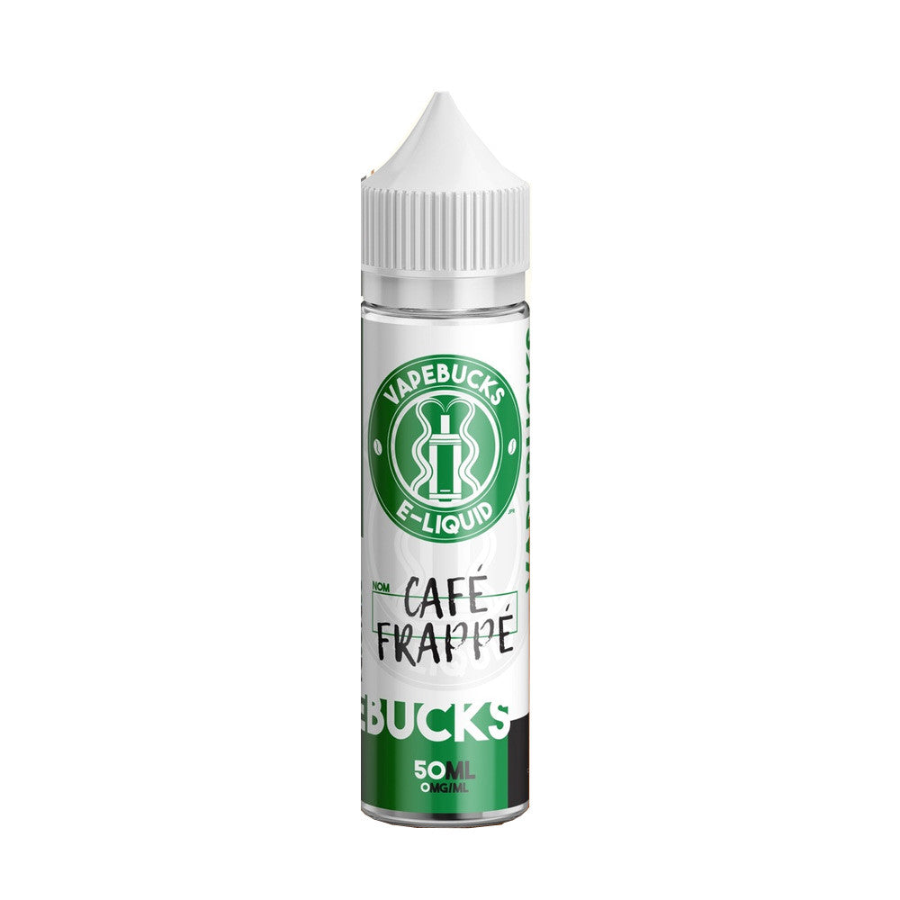E-liquide Café Frappé 50 ml - Vapebuck. E-liquide Café Frappé flacon transparent avec étiquette blanche et verte