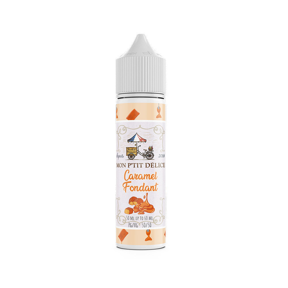 E-liquide Caramel Fondant 50 ml - Mon P'tit Délice. E-liquide Caramel Fondant avec flacon blanc et étiquette illustrée