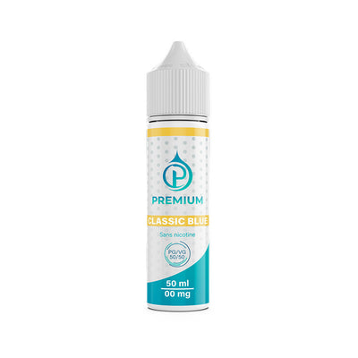 E-liquide Classic Blue Premium 50 ml - Premium (ex OMEGA). E-liquide Classic Blue Premium flacon blanc avec étiquette blanche et bleue