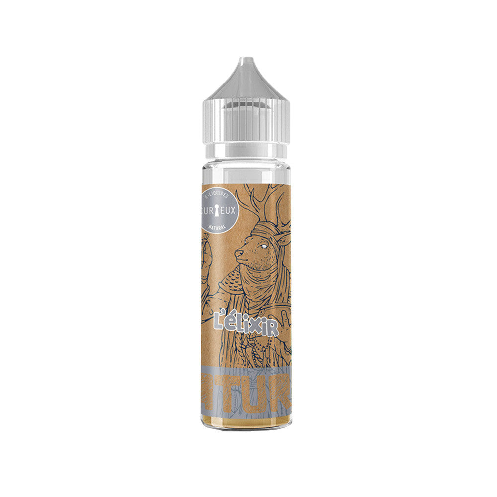 E-liquide Elixir Natural 50 ml - Curieux. E-liquide Elixir Natural avec flacon transparent et étiquette marron illustrée d'un cerf