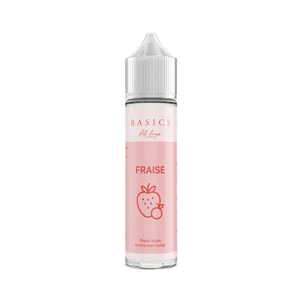 E liquide Fraise 50 ml - Les basics. E liquide Fraise 50 ml flacon transparent avec étiquette rose et illustration de fraise