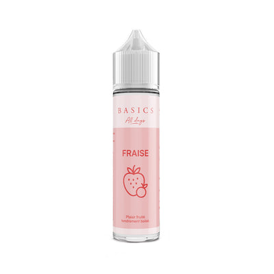 E liquide Fraise 50 ml - Les basics. E liquide Fraise 50 ml flacon transparent avec étiquette rose et illustration de fraise