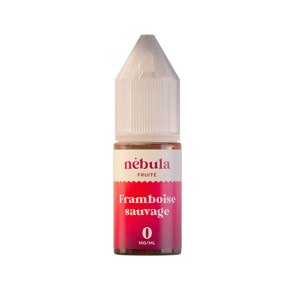 E-liquide Framboise Sauvage 10 ml - Nébula. E-liquide Framboise Sauvage en flacon transparent avec étiquette rose dégradé