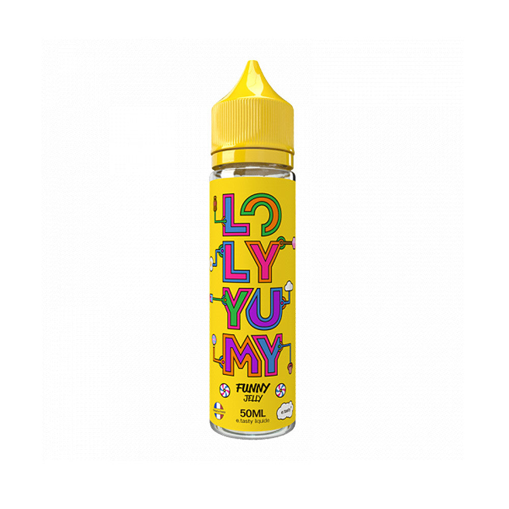 E-liquide Funny Jelly 50 ml - Etasty. E-liquide Funny Jelly avec étiquette jaune aux lettres colorées et bouchon jaune