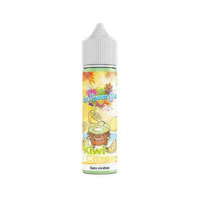 E-liquide Kiwi Citron 50 ml - Les Supers Jus. E-liquide Kiwi Citron avec dessin cartoon de kiwi et tranches de citron sur fond coloré