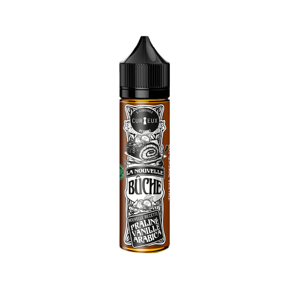 E-liquide la nouvelle buche 50 ml - Curieux. E-liquide la nouvelle buche avec étiquette marron et noire illustrant un gâteau roulé