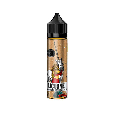 E-liquide Licorne 50 ml - Curieux. E-liquide Licorne avec illustration d'une femme en robe rouge et une licorne blanche sur fond marron