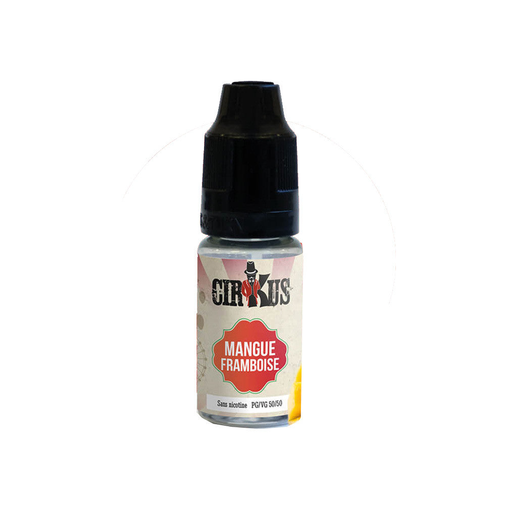 E-liquide Mangue Framboise 10 ml - Cirkus. E-liquide Mangue Framboise flacon transparent avec bouchon noir