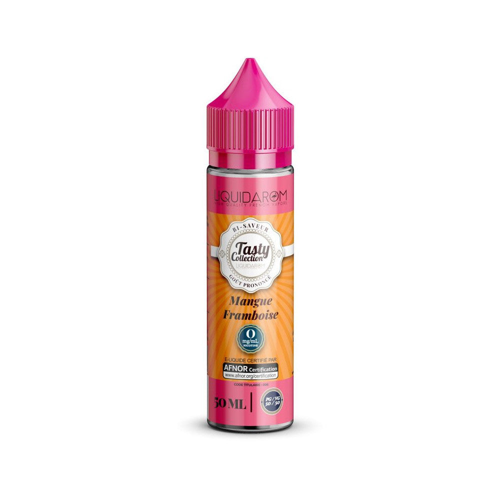 E-liquide Mangue Framboise 50 ml - Tasty Collection par Liquidarom. E-liquide Mangue Framboise flacon transparent avec bouchon rose