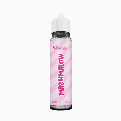 E-liquide Mashmalow 50 ml - Liquideo. E-liquide Mashmalow flacon transparent avec étiquette rose à rayures diagonales blanches