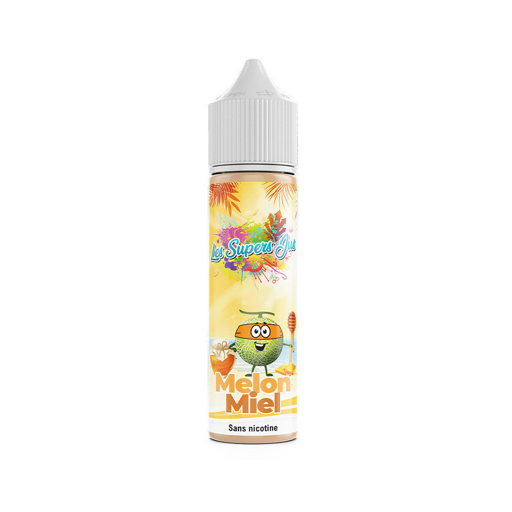 E-liquide Melon Miel 50 ml - Les Supers Jus. E-liquide Melon Miel avec illustration de melon souriant et touche de miel