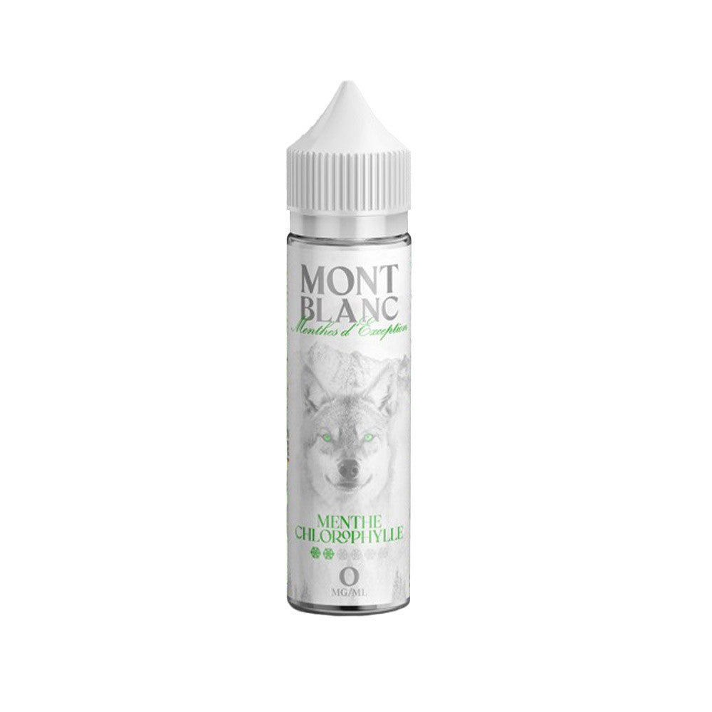E-liquide Menthe Chlorophylle 50 ml - Mont Blanc. E-liquide Menthe Chlorophylle 50 ml flacon transparent avec image de loup et texte vert
