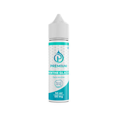 E-liquide Menthe Glacée 50 ml - Premium (ex OMEGA). E-liquide Menthe Glacée 50 ml flacon blanc avec étiquette turquoise et blanche