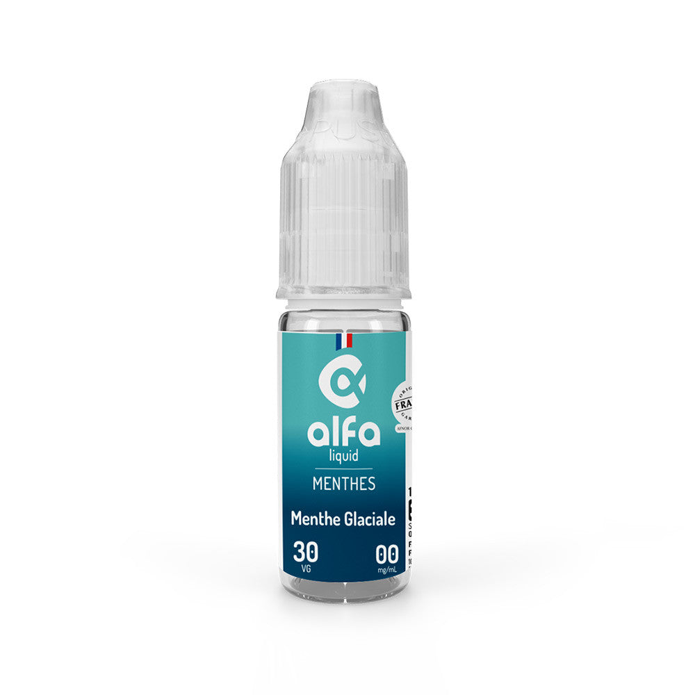 E-liquide Menthe glaciale 10 ml - Alfaliquid. E-liquide Menthe glaciale avec flacon transparent et étiquette bleue dégradée
