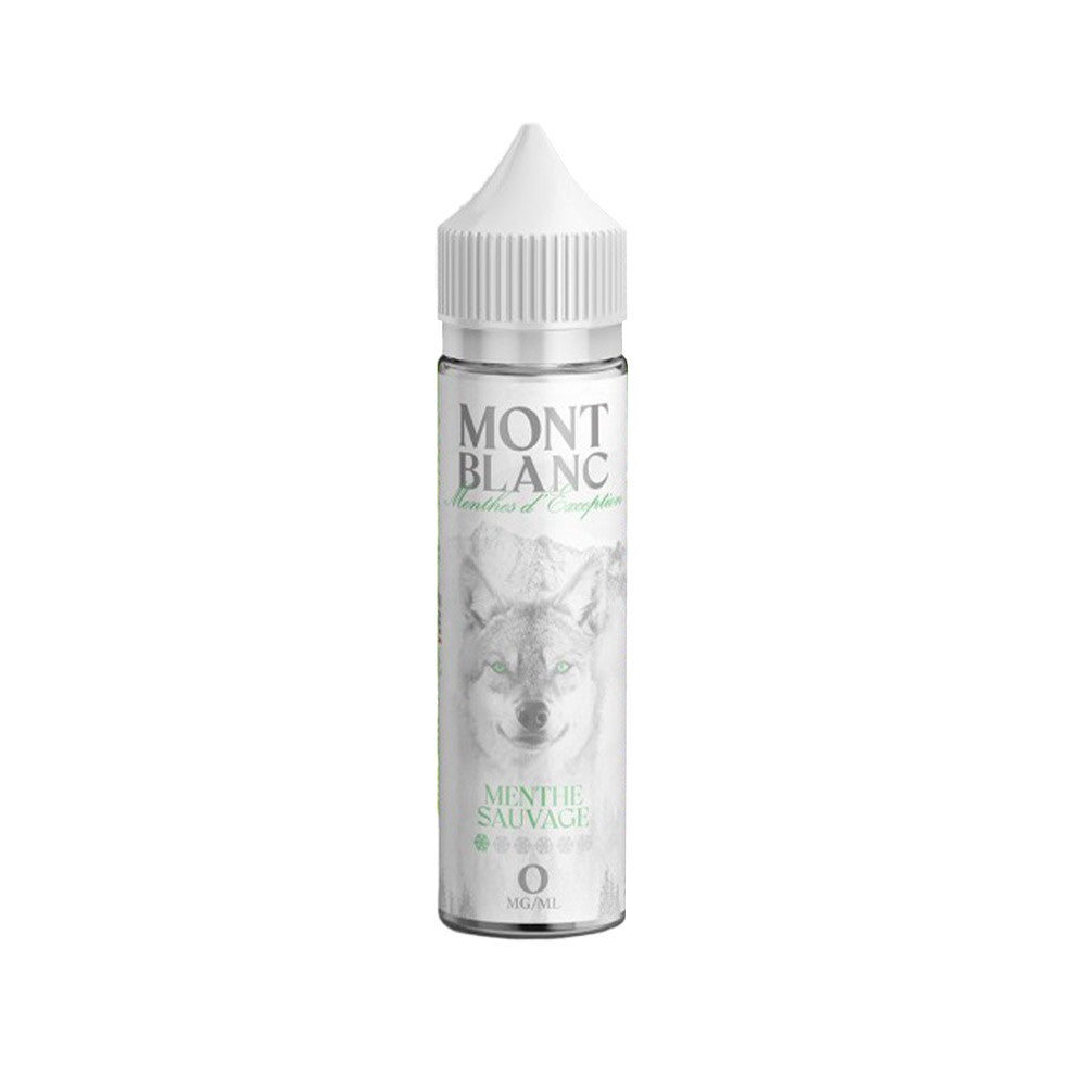 E-liquide Menthe Sauvage 50 ml - Mont Blanc. E-liquide Menthe Sauvage flacon transparent avec image de loup et bouchon blanc