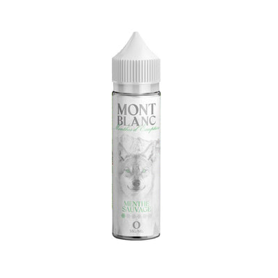 E-liquide Menthe Sauvage 50 ml - Mont Blanc. E-liquide Menthe Sauvage flacon transparent avec image de loup et bouchon blanc