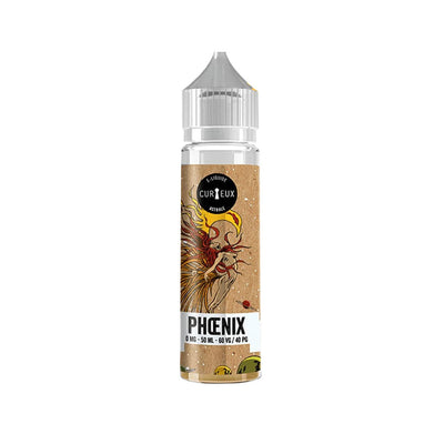 E-liquide Phoenix 50 ml - Curieux. E-liquide Phoenix avec flacon transparent et étiquette illustrée d'un oiseau mythologique rouge et jaune