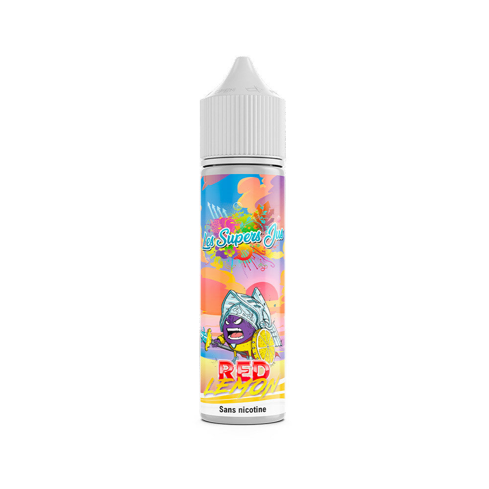 E-liquide Red Lemon 50 ml - Les Supers Jus. E-liquide Red Lemon avec dessin coloré et personnage violet tenant une tranche de citron