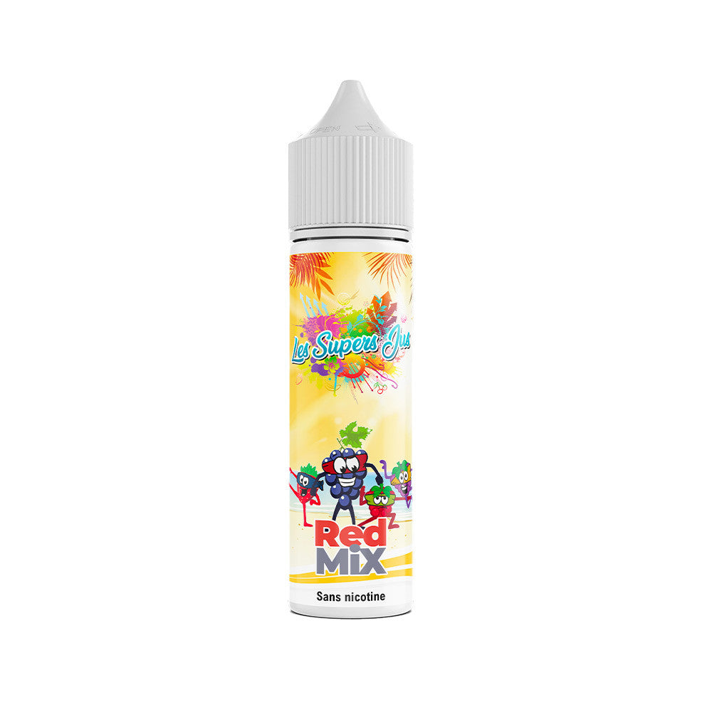 E-liquide Red Mix 50 ml - Les Supers Jus. E-liquide Red Mix avec dessin de fruits rouges animés sur fond jaune