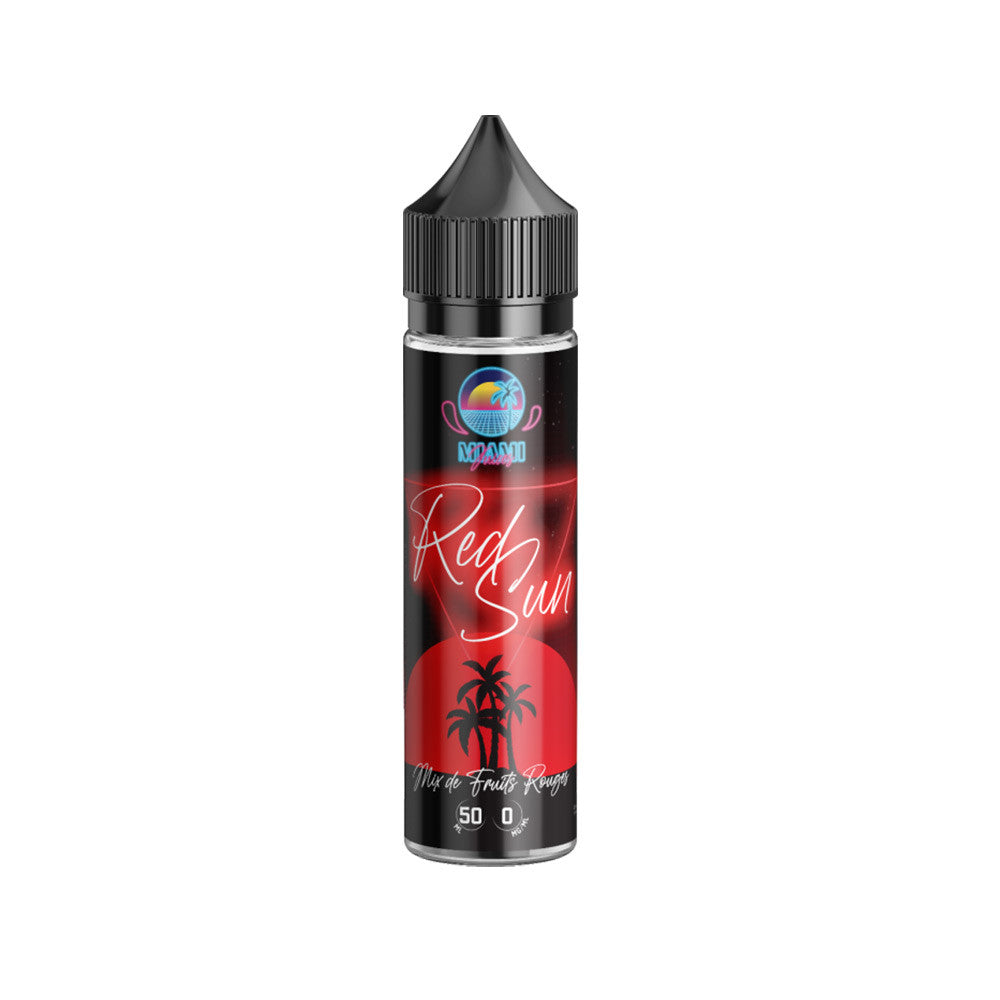E-liquide Red Sun 50 ml - Miami Juices. E-liquide Red Sun avec étiquette noire, illustration de palmiers rouges et bouchon noir
