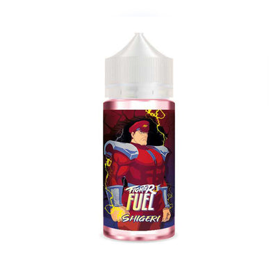E-liquide Shigeri 100 ml - Fighter Fuel. E-liquide Shigeri avec flacon transparent et étiquette illustrée d'un personnage en armure rouge