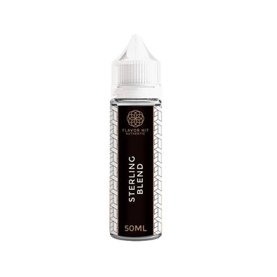 E-liquide Sterling Blend 50 ml - Flavor Hit. E-liquide Sterling Blend flacon transparent avec étiquette noire et motifs blancs