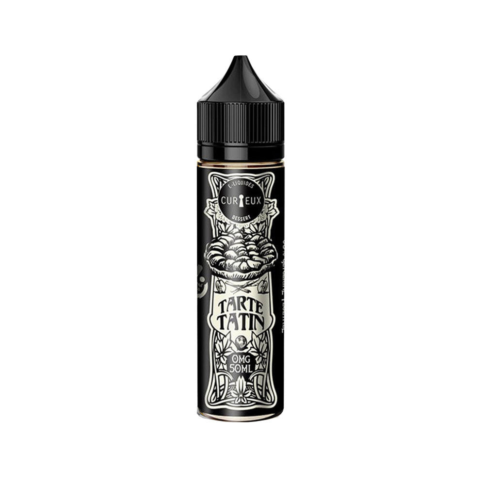 E-liquide Tarte Tatin 50 ml - Curieux. E-liquide Tarte Tatin avec flacon noir et étiquette illustrée en noir et blanc