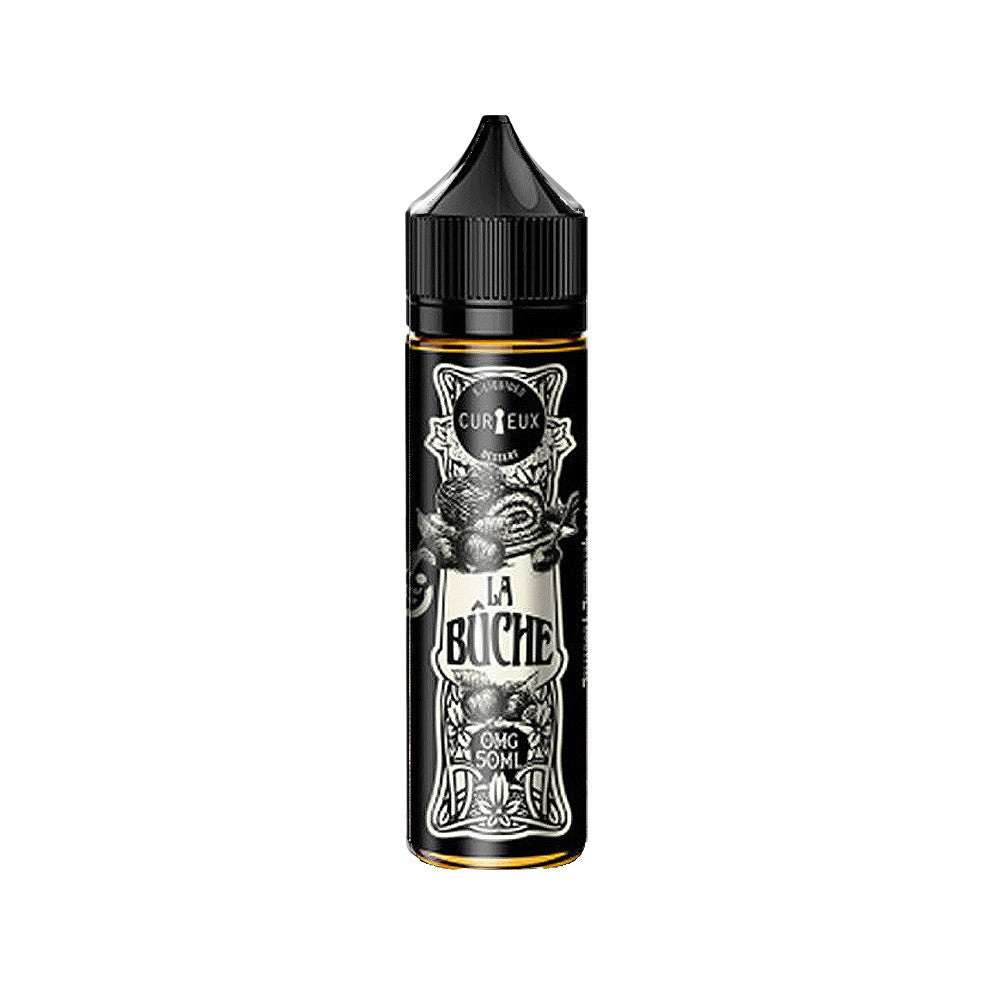 E-liquide Tiramisu 50 ml - Curieux. E-liquide Tiramisu 50 ml avec flacon noir et étiquette blanche détaillée avec illustrations