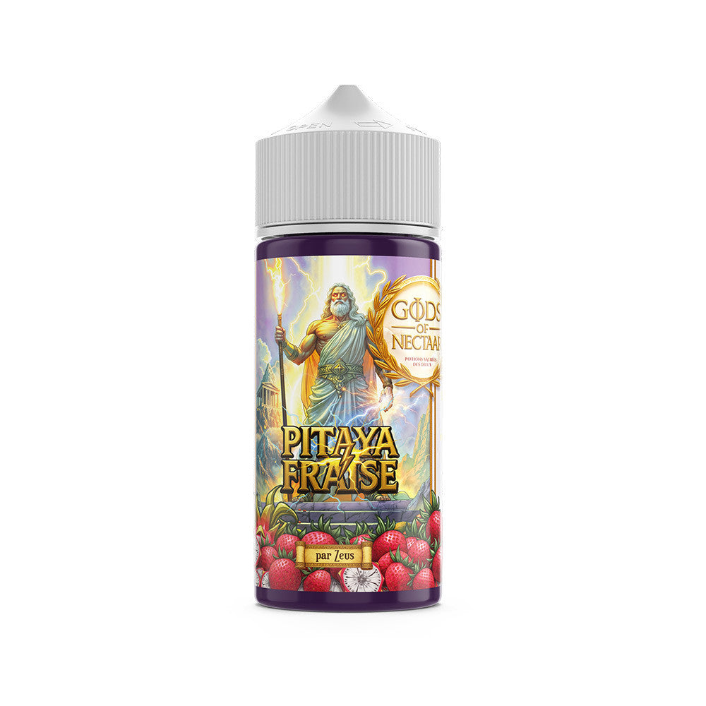E liquide Zeus 100 ml - Gods of Nectaar. E liquide Zeus 100 ml avec illustration de dieu tenant un éclair et fruits rouges au bas du flacon